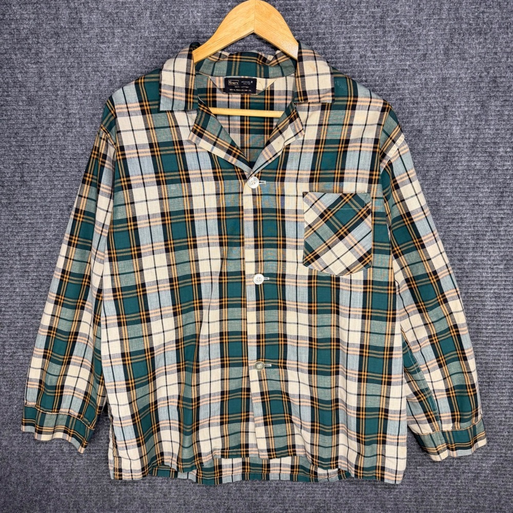 Vintage Sears Roebuck Men Green Plaid Cotton Pajama Top Shirt Medium B 38-40